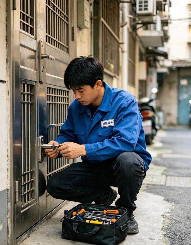 师傅现场更换防盗门锁芯
